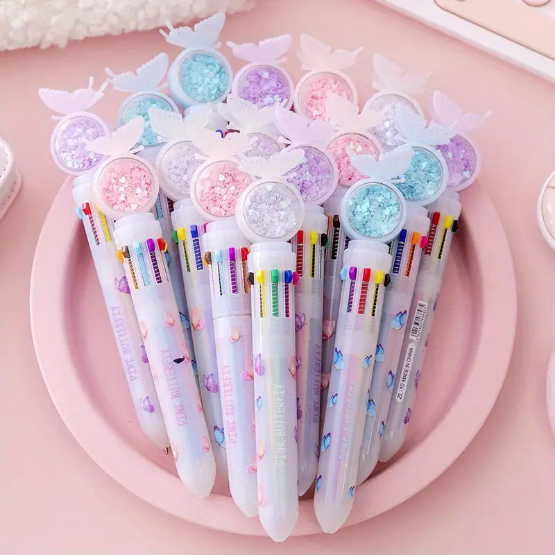 Mimi's Butterfly Multicolour Retractable Ballpoint Pens 10-in-1 Pens Multi Coloured Pens All In One