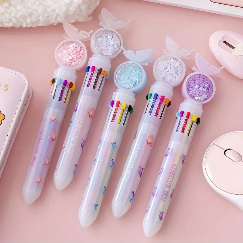 Mimi's Butterfly Multicolour Retractable Ballpoint Pens 10-in-1 Pens Multi Coloured Pens All In One