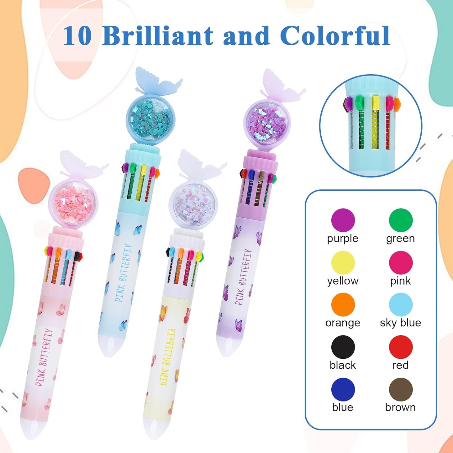 Mimi's Butterfly Multicolour Retractable Ballpoint Pens 10-in-1 Pens Multi Coloured Pens All In One