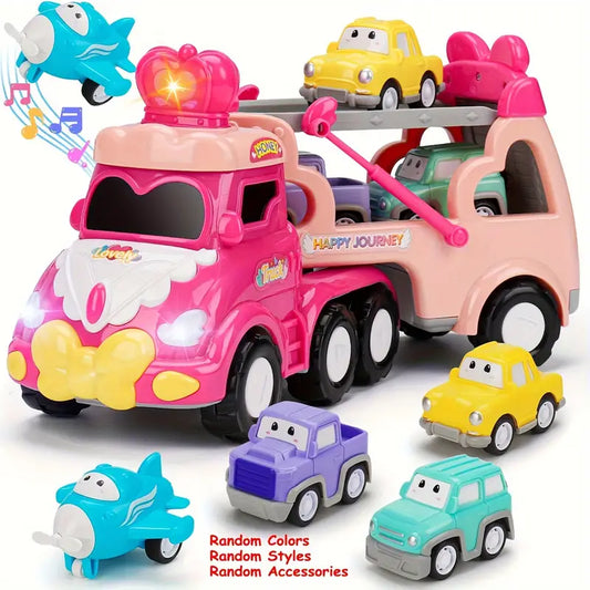 Oma's 5-in-1 Pink Carrier Car Toy with Lights and Sounds | Cartoon Trailer Truck and Mini Vehicles for Toddlers Ages 3-6